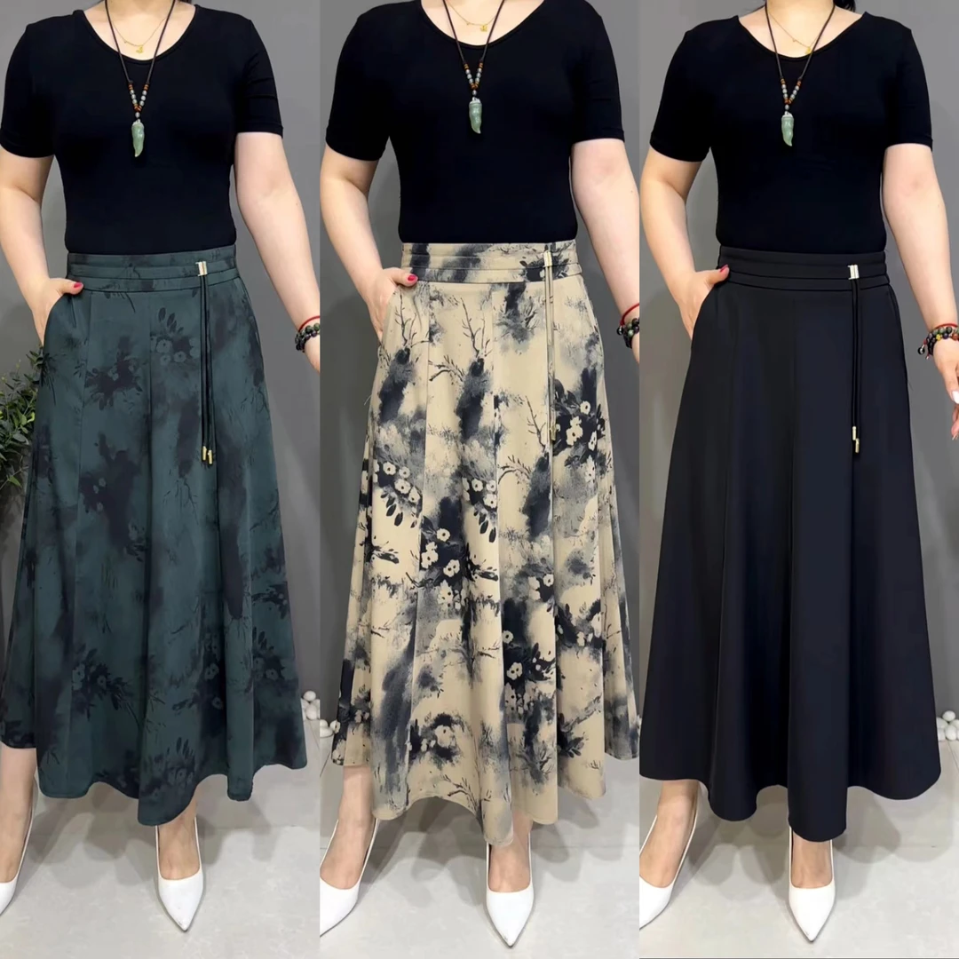 75002夏季薄款女士妈妈裙气质高腰半身裙时尚A字裙百搭口袋中长款