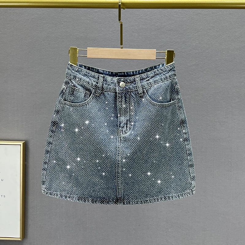 605重工满钻牛仔半身裙女短裙2023年新款夏季高腰修身显瘦A字裙
