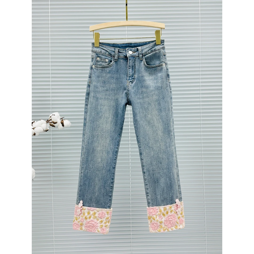 翻边钉珠牛仔裤女八分裤潮2025年春秋新款高腰宽松中式刺绣直筒裤