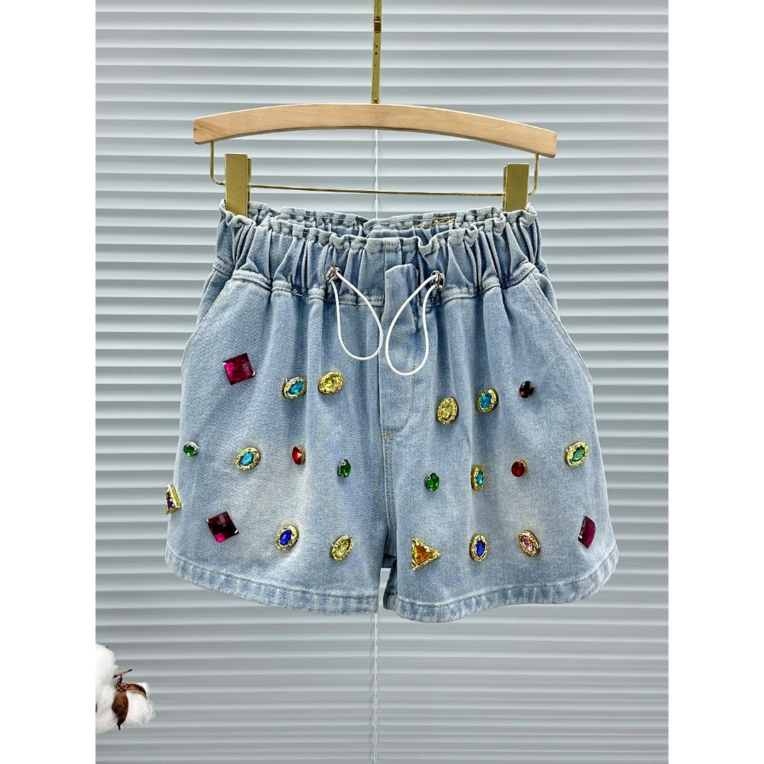 阔腿牛仔裤女夏季新款镶钻短裤2024年系带松紧高腰百搭A字打底裤