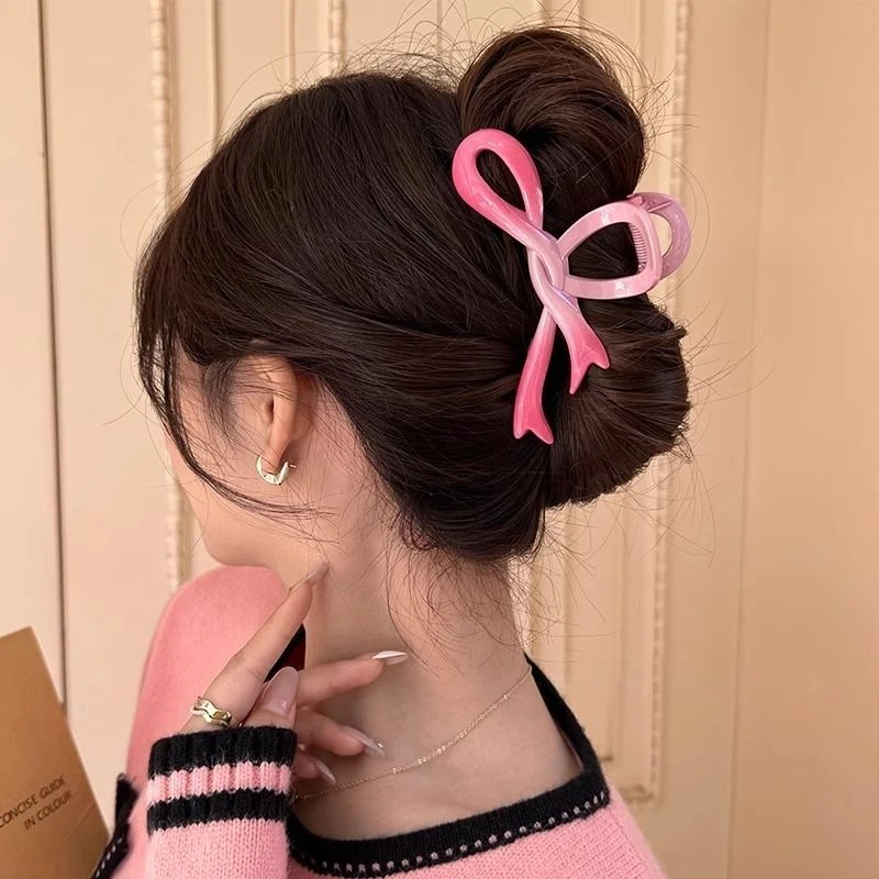 甜酷辣妹渐变蝴蝶结发夹女2024新款鲨鱼夹后脑勺盘发抓夹发卡头饰
