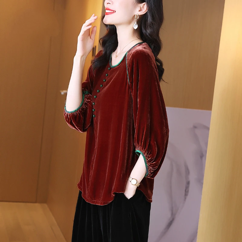 宝藏衣橱洋气气质灯笼袖圆领桑蚕丝真丝丝绒上衣女春秋七分袖上衣