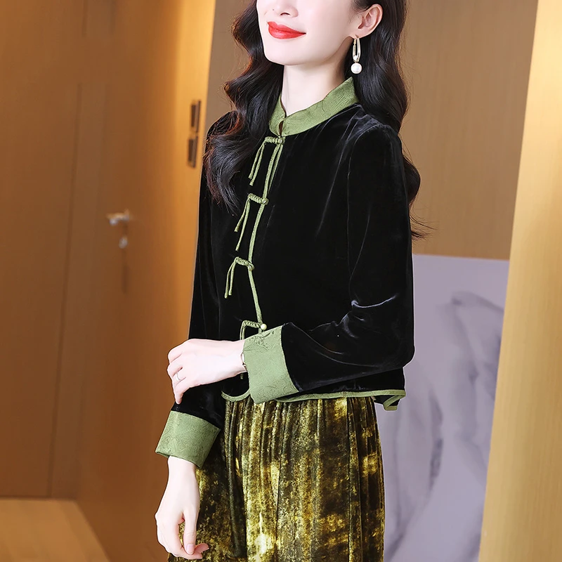 撞色花萝拼接真丝丝绒衬衫女士中国风复古流苏盘扣中式桑蚕丝上衣