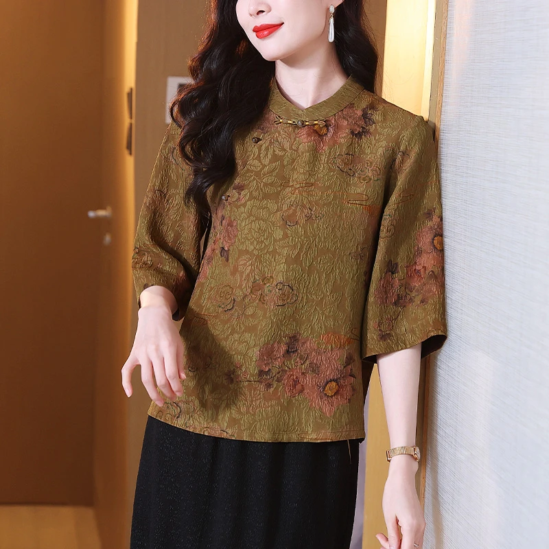 中国风气质冠乐绉香云纱提花上衣立领复古新中式宽松桑蚕丝衬衫