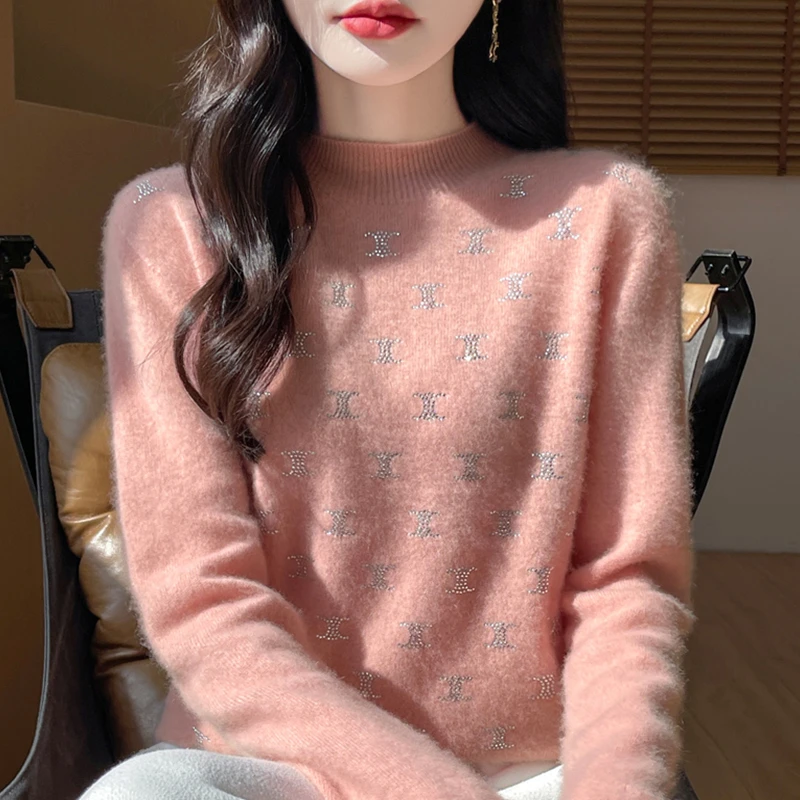 穿出高颜值~双C烫钻100%纯羊毛衫半高领时尚优雅显瘦高级套头衫女