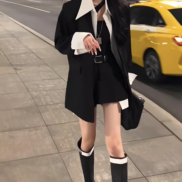 韩版设计感通勤别致套装女秋季新款拼接西装外套半身短裙两件套潮