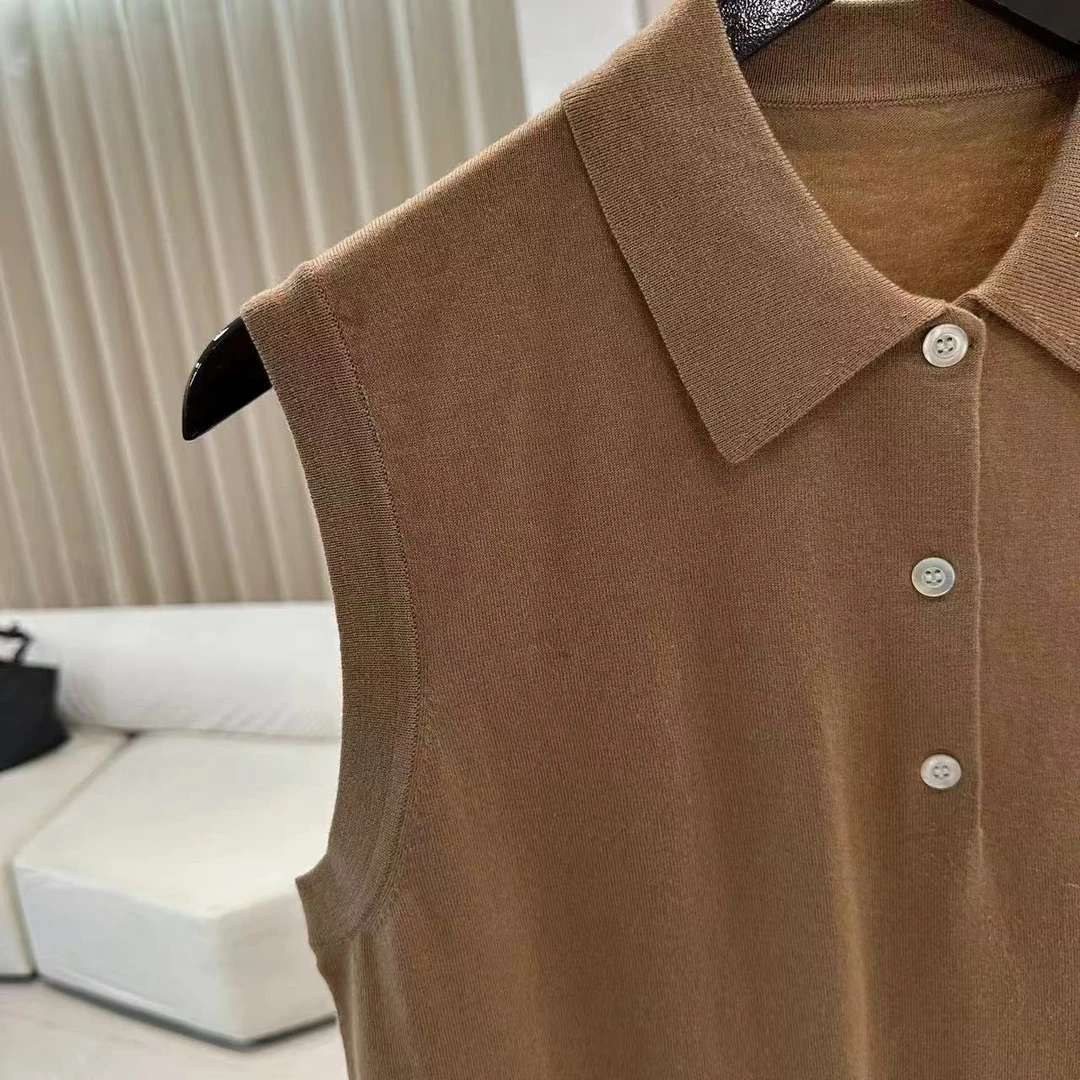 ananstudio褐色针织无袖POLO领上衣