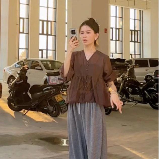 ananstudio高端褐色百搭上衣宽松显瘦轻薄感衬衫CS-001