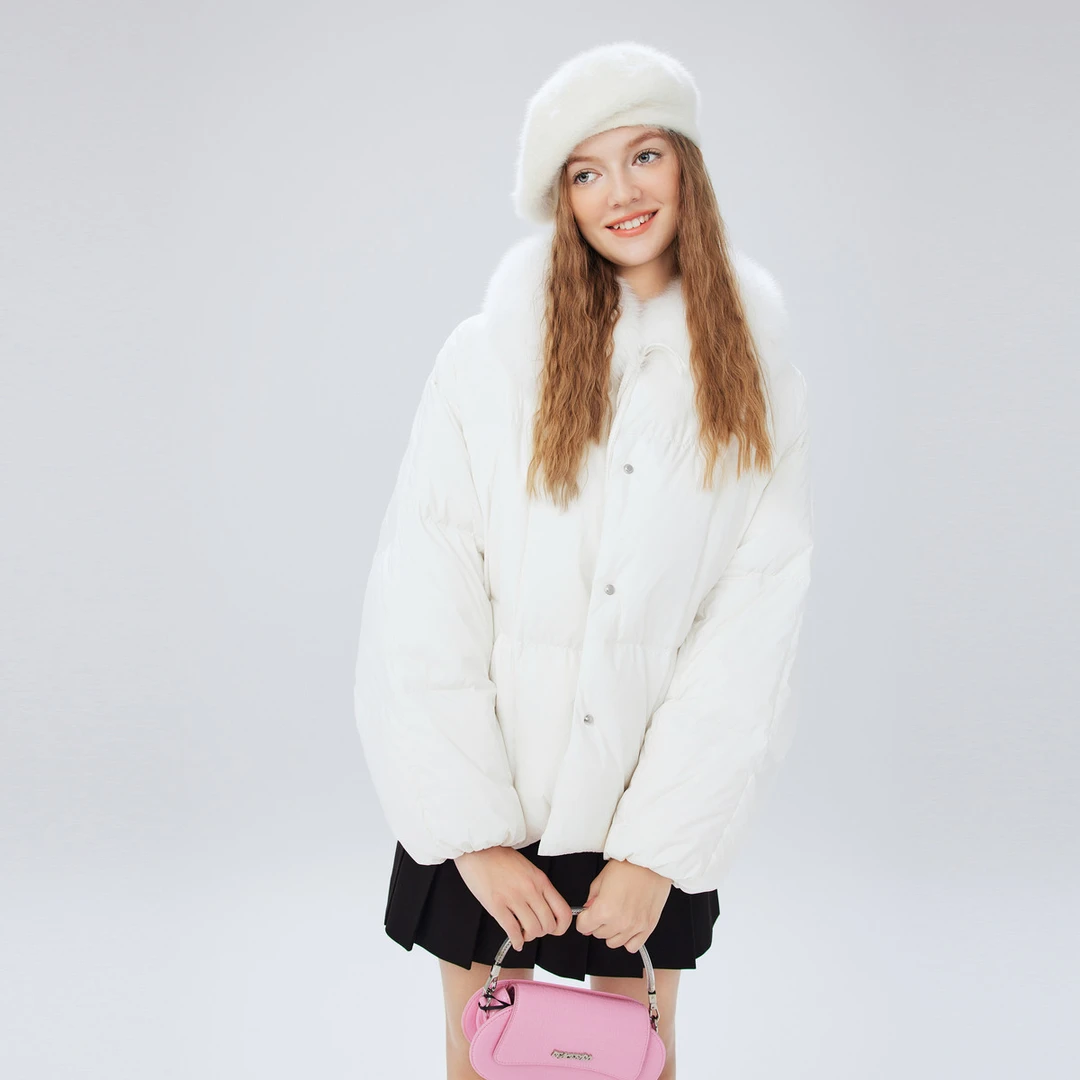 LIMEFLARE/莱茵福莱尔【专柜同款】落肩宽松冬季时尚羽绒服狐狸毛领