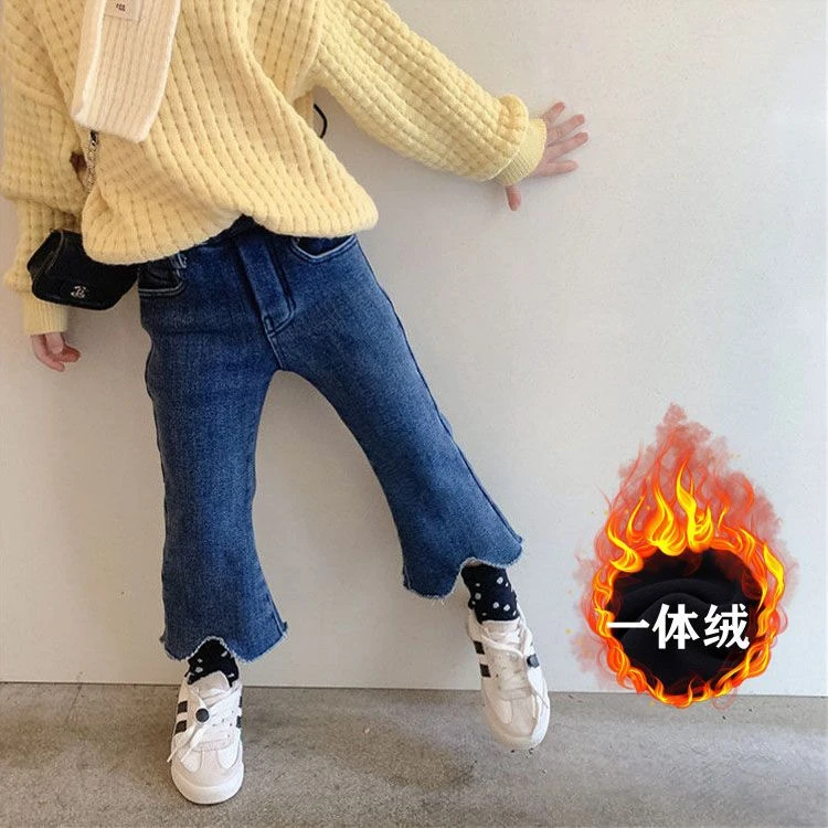 【馨妈咪】女童加绒裤子冬季新款儿童加厚牛仔裤小童宝宝时髦洋气