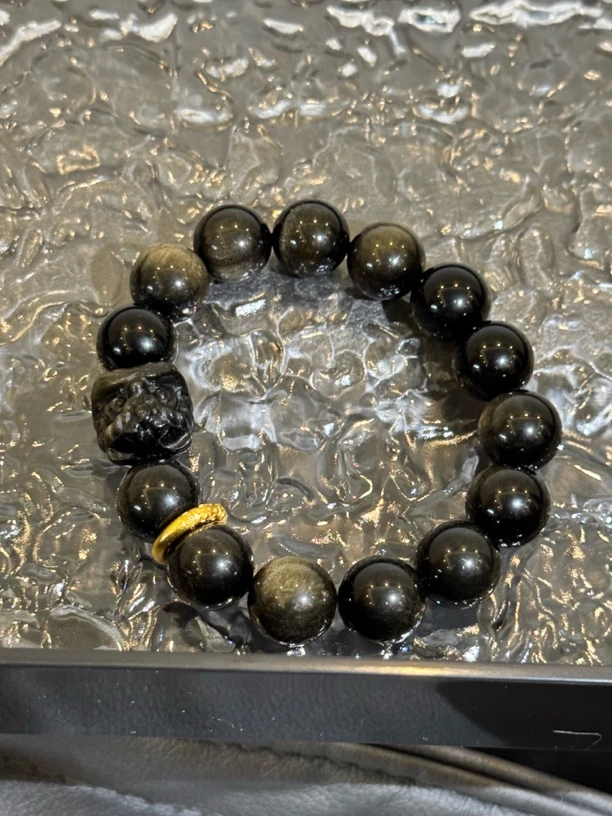 铜合金手链 天然手串醒狮金耀石单圈国潮男士手链复古文玩手饰14m