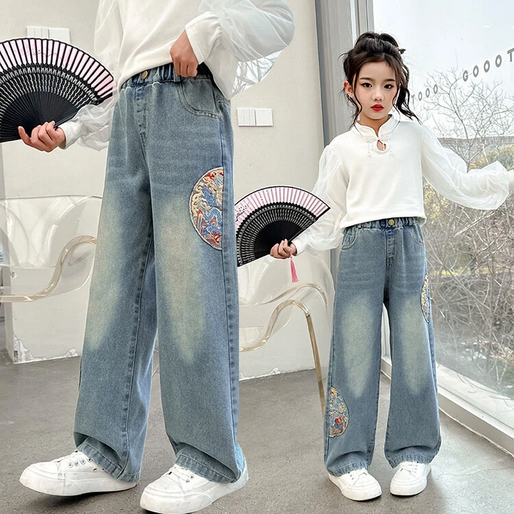 女童2025春装新品中大童女宝新中式国风刺绣牛仔直筒阔腿裤洋气