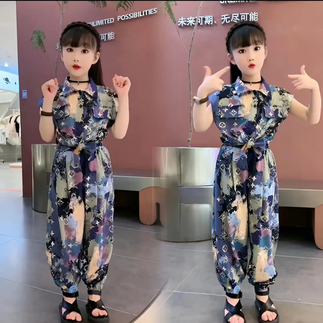 女童套装2024新款夏季迷彩时尚洋气套装显瘦气质休闲复古韩版印花