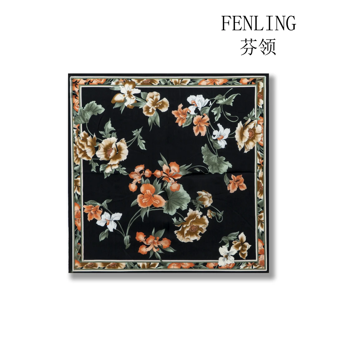 芬领-油画花卉-桑蚕丝65*65cm素绉缎方巾8姆米女士真丝丝巾/围巾