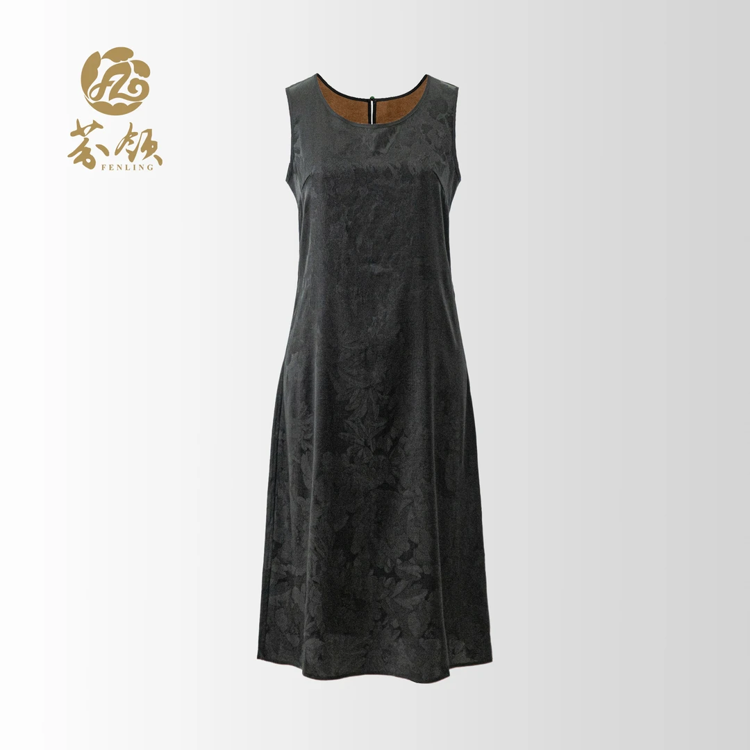 芬领-牡丹提花连衣裙-桑蚕丝老料香云纱30姆显瘦百搭裙（新）SY1035