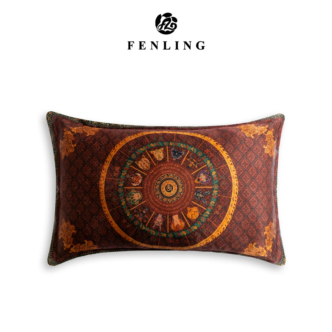 芬领-生肖唐卡·红-新中式桑蚕丝香云纱46*70cm提花单面枕套T511