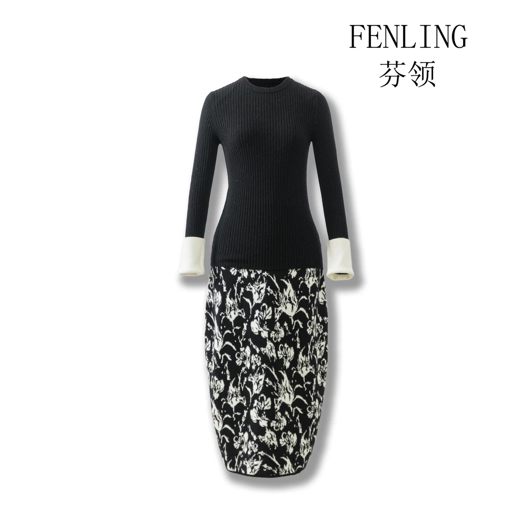 芬领-温婉-小香风时尚款100绵羊毛连衣裙长袖半身裙修身优雅
