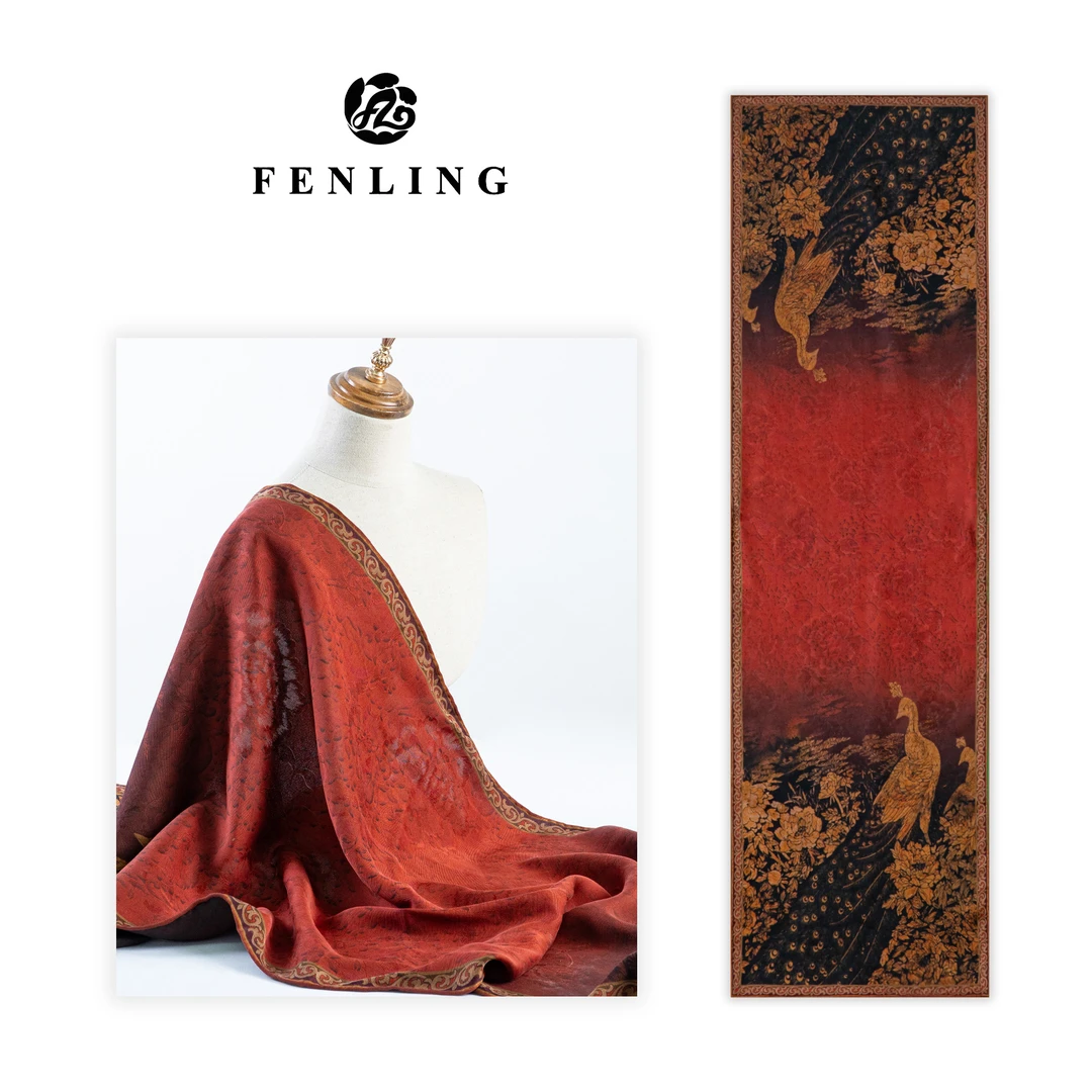 芬领-孔雀牡丹图-桑蚕丝香云纱横绞罗52*186CM长巾披肩围巾CJ33