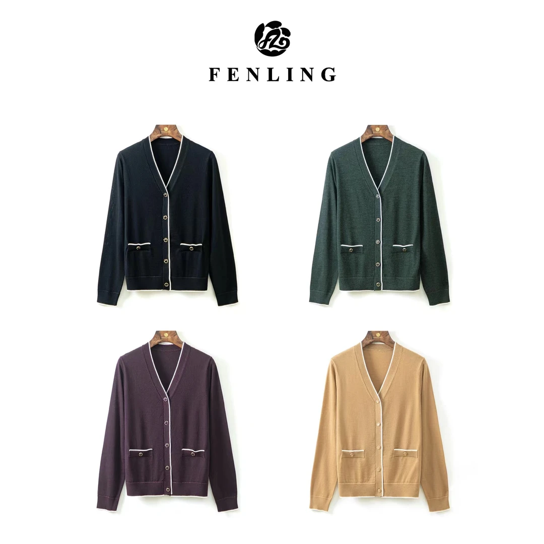 芬领-柔言-秋季时尚高级定制法式V领拼色德国进口扬子纱长袖外套