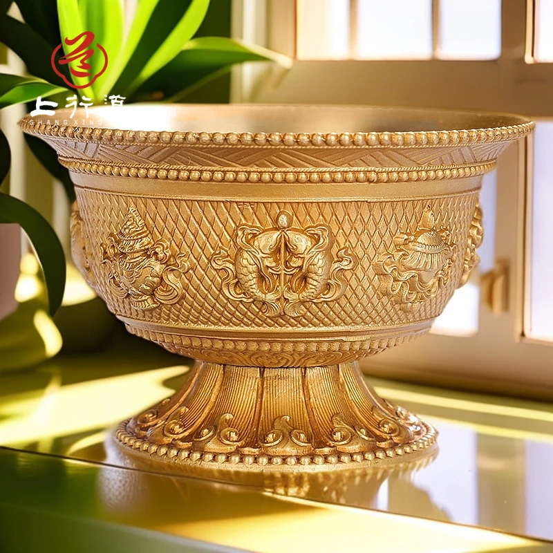 上行道摆件【供水杯】铜雕花高档八吉祥供水碗藏传密宗圣水杯中式