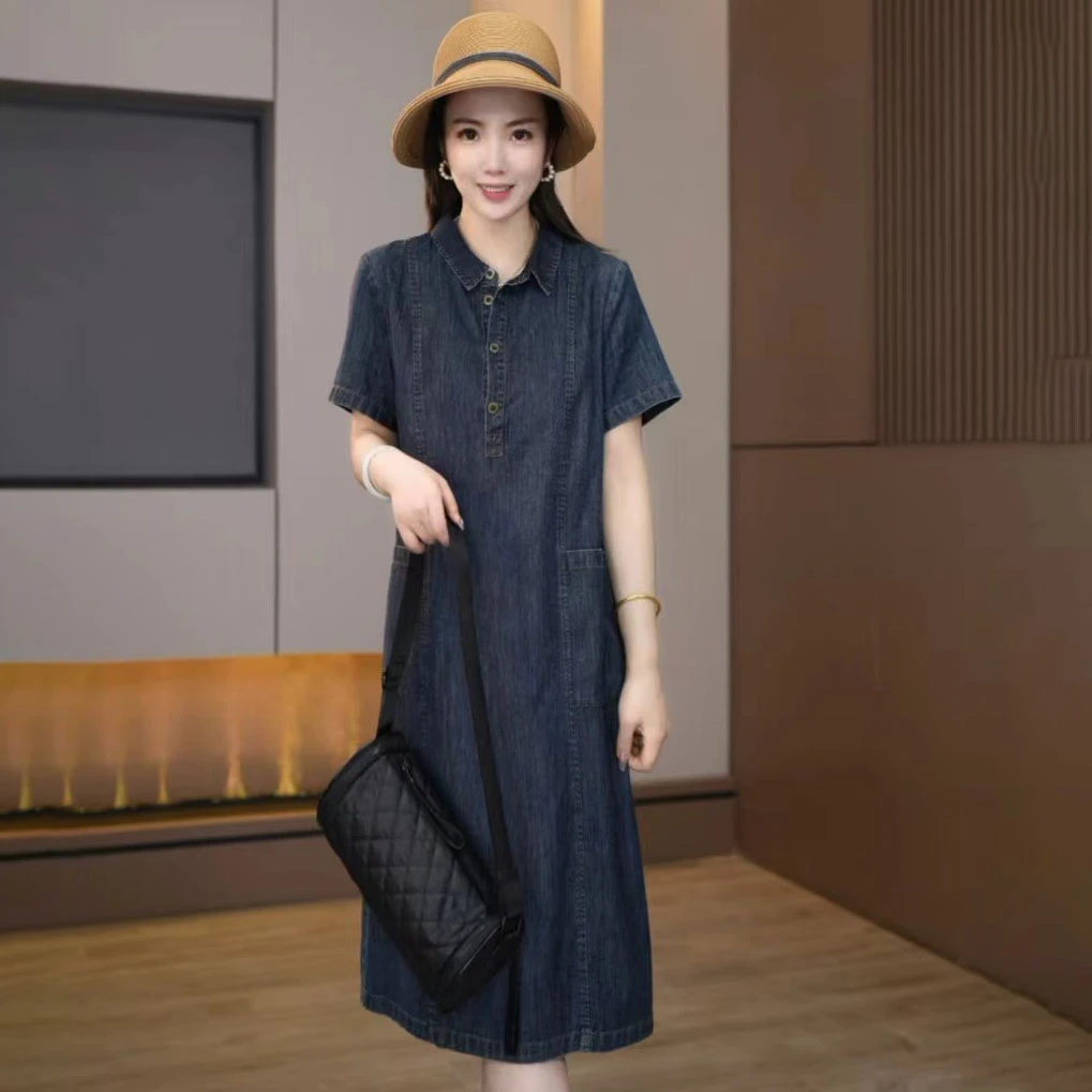 A-8539牛仔连衣裙复古女夏季宽松新款中长款时尚气质薄款休闲裙子