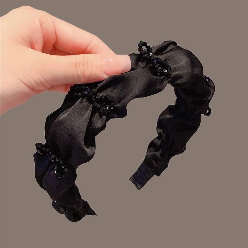 缎面褶皱水晶发箍女高颅顶气质宽边碎发卡子头箍百搭气质头饰