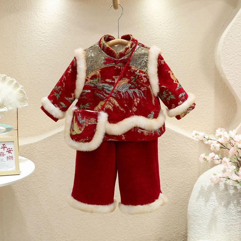 女童冬季汉服套装儿童加厚加绒冬装拜年服小女孩喜庆冬款拜年服装