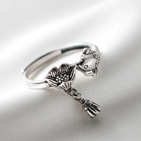 足银戒指 锦鲤鱼戒指 足银990复古纯银个性年年有余开口戒指 A29