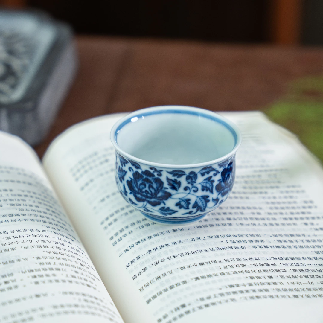 【景雅柴窑】内外绘缠枝山茶花小炉式杯  60cc