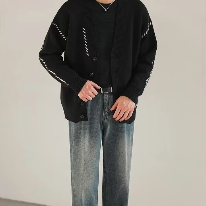 开衫毛衣男女秋冬V领韩版潮休闲宽松长袖针织衫轻熟黑色时尚外套