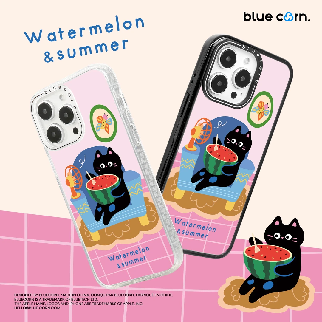 Bluecorn联名好运小猫阿黑吃西瓜适用于iPhone16/15/14磁吸手机壳