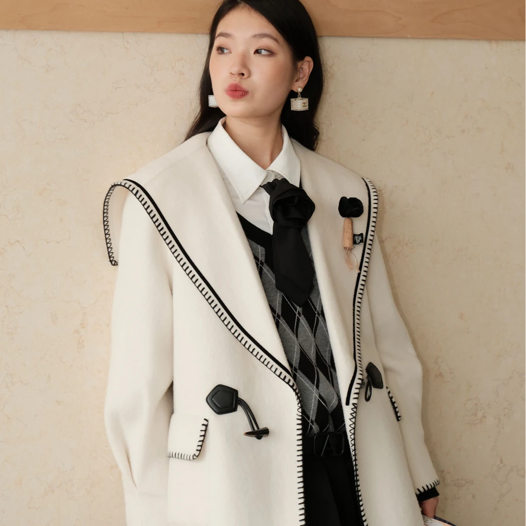 【黄蓉推荐】MiniAnsuo保暖中长款设计感双面呢毛呢外套ED3D768