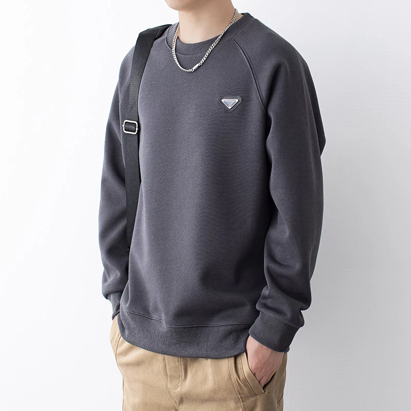 公爵车圆领宽松纯色男士加绒百搭卫衣秋季男上衣长袖