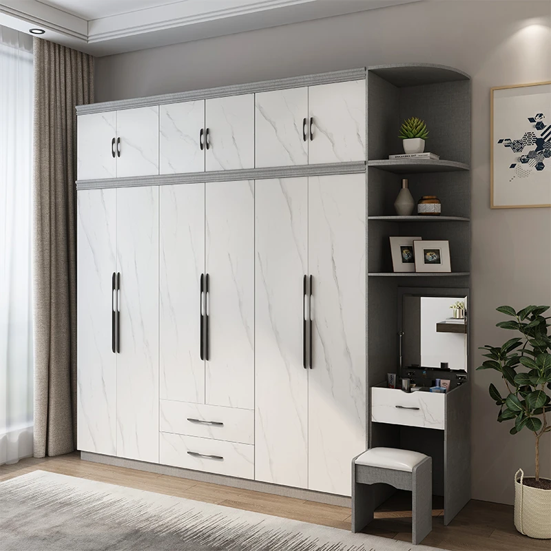 现代简约衣柜大理石面移动门实木储物衣柜带梳妆台轻奢家居欧式