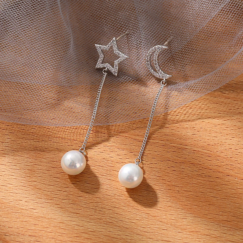 铜合金锆石耳饰 时尚耳坠星星月亮微镶锆石流苏吊坠女不对称饰品