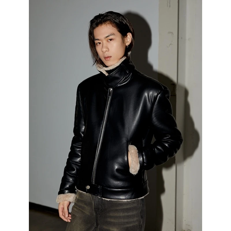 「Y/OFFICIAL」座山雕加绒小羊皮Cleanfit短款外套加厚保暖夹克男