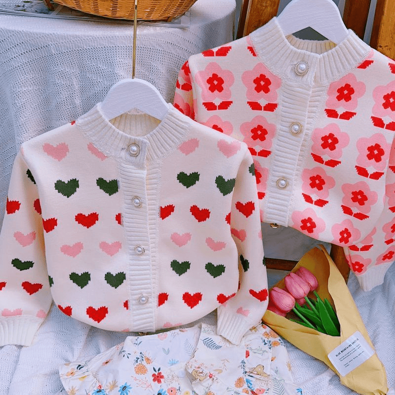 女童太阳花针织开衫春秋季儿童爱心毛衣开衫百搭针织长袖上衣潮