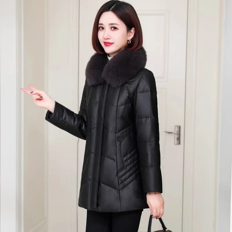 海宁真皮羽绒服女中长款2024冬新款绵羊皮外套中年妈妈装皮衣皮草