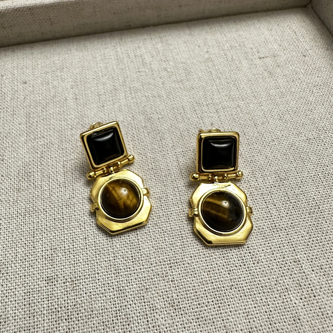 铁合金耳饰 天然虎眼石系列 美拉德色系复古耳饰小众百搭高级感