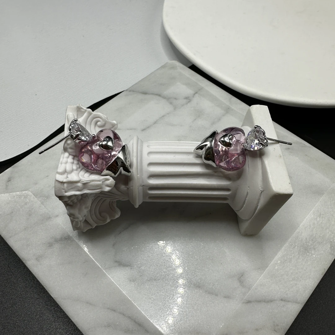 钛钢仿水晶耳饰 0716 Acc-214 618钜惠新款 粉色双心锆石少女耳饰