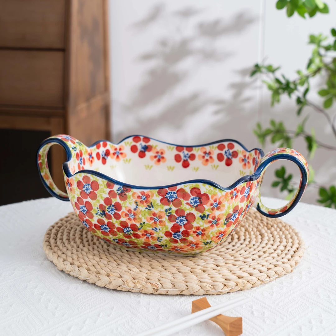 新疆包邮【碧丝粉黛】手绘陶瓷餐具12英寸双耳方形曲把锅陶瓷盆