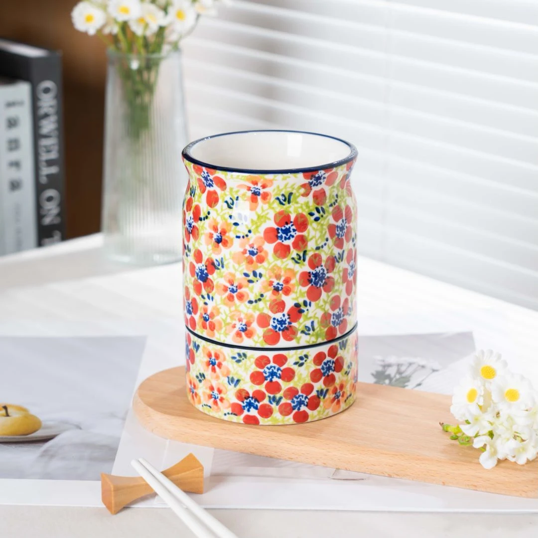 【碧丝粉黛】新疆包邮 手绘家用陶瓷筷子筒带底托大容量复古