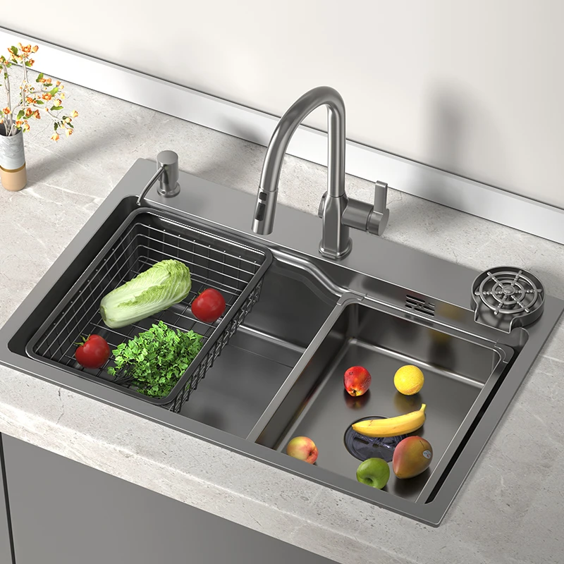 凡戈厨房手工304不锈钢瀑布水槽家用洗碗池大洗菜盆枪灰方形单槽