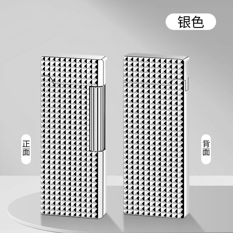 菱格纹浮雕砂轮充气打火机纤薄银色（不含气）B