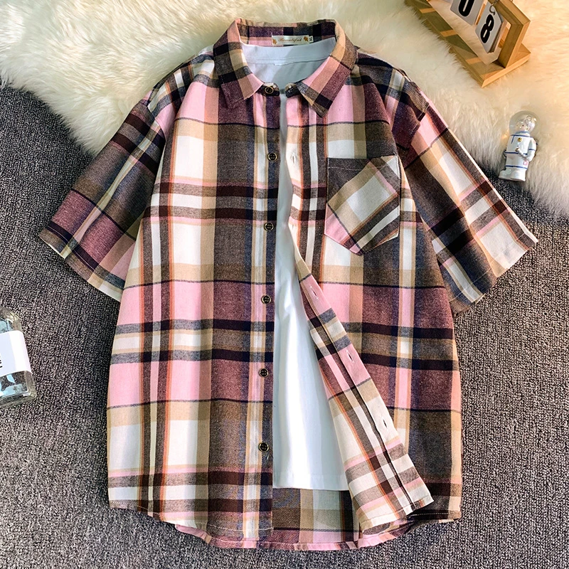 短袖衬衫男夏季潮牌设计感痞帅半袖衬衣青年宽松大码格子休闲外套