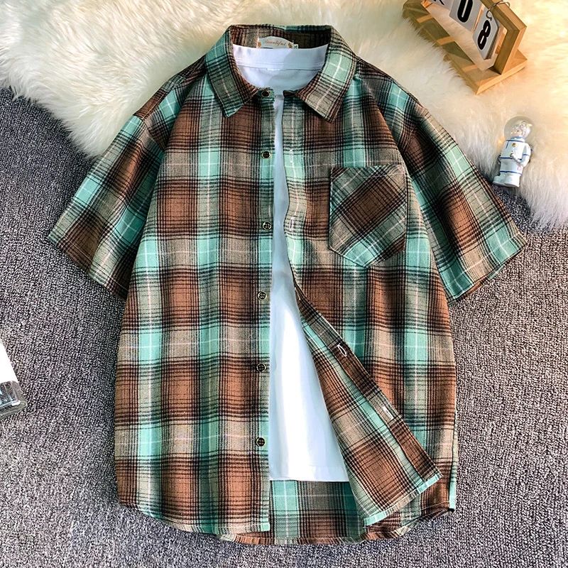 格子短袖衬衫男夏季日系半袖翻领衬衣ins港风高级感痞帅休闲外套