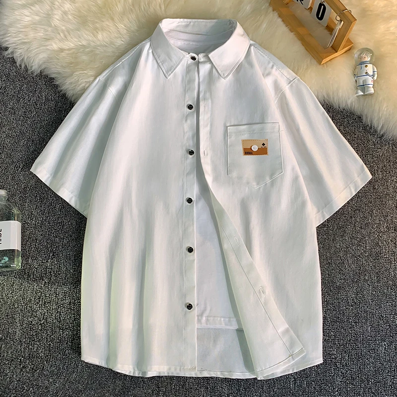 纯色短袖衬衫男夏季潮牌日系休闲外套大码宽松上衣服工装百搭衬衣