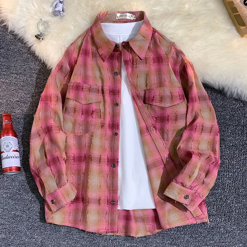 长袖衬衫男秋冬潮牌宽松百搭流苏格子休闲小香风外套情侣工装衬衣