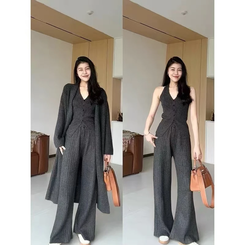 贺9758大码时尚减龄三件套装秋冬长款毛衣v领设计针织开衫阔腿裤