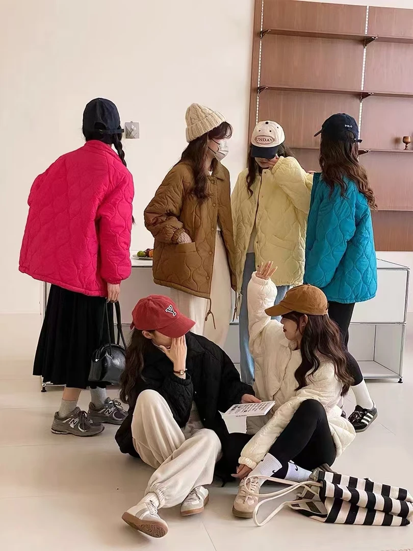 大码短款棱格韩版净版简单宽松棉服糖果色面包服外套